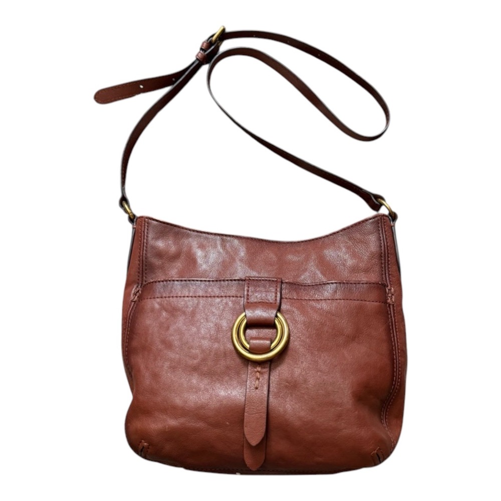 Frye Crossbody Bag Womens Medium Cognac Leather Melissa Hobo Brass Ring Detail